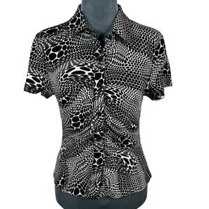 SO Black White Trippy‎ Op-Art Ruched Button Top Medium Y2K Style Psych-Pop NEW